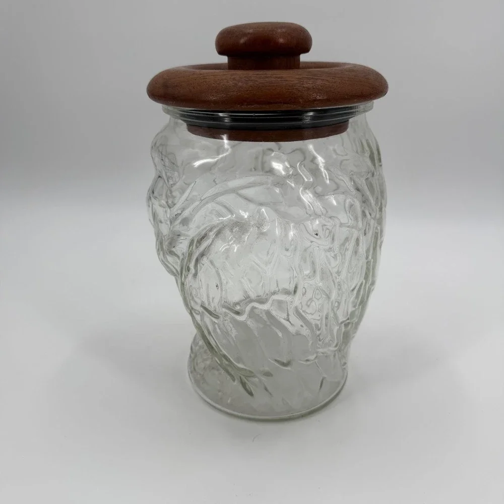 Vintage 70s Whimsical Glass Owl Kitchen Canister Storage Cookie Jar Teakwood Lid